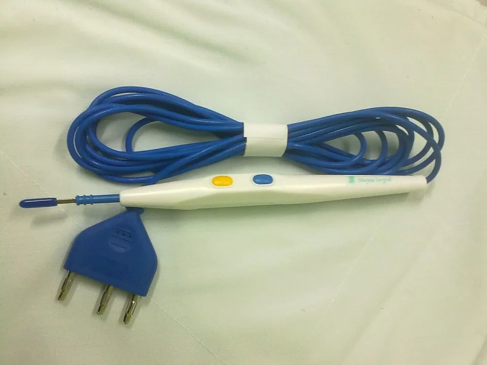Electrosurgical pencil with yellow and blue buttons, blue cable and three-pin connector.