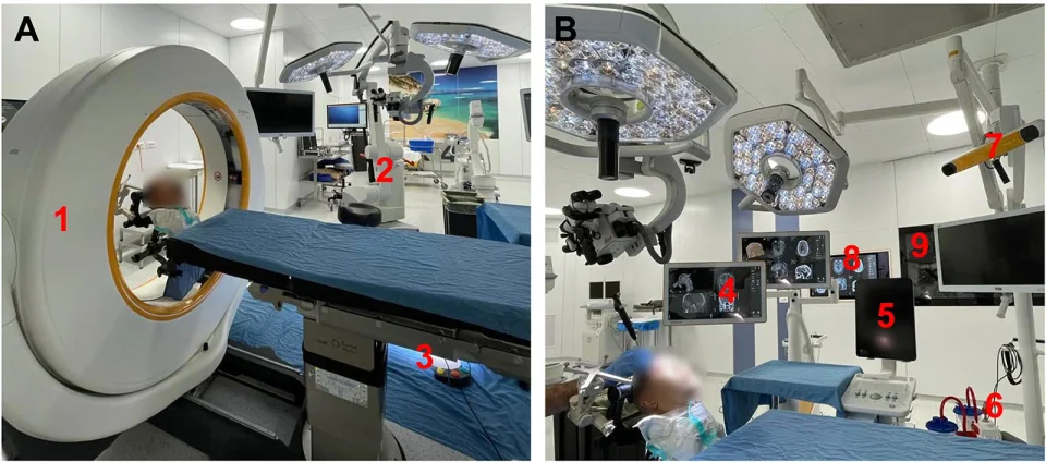 Two photographs of a neurosurgical training laboratory with imaging, navigation and surgical equipment.