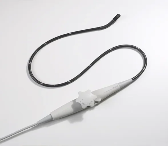 A transesophageal echocardiography probe with its handle and flexible insertion tube on a white background.