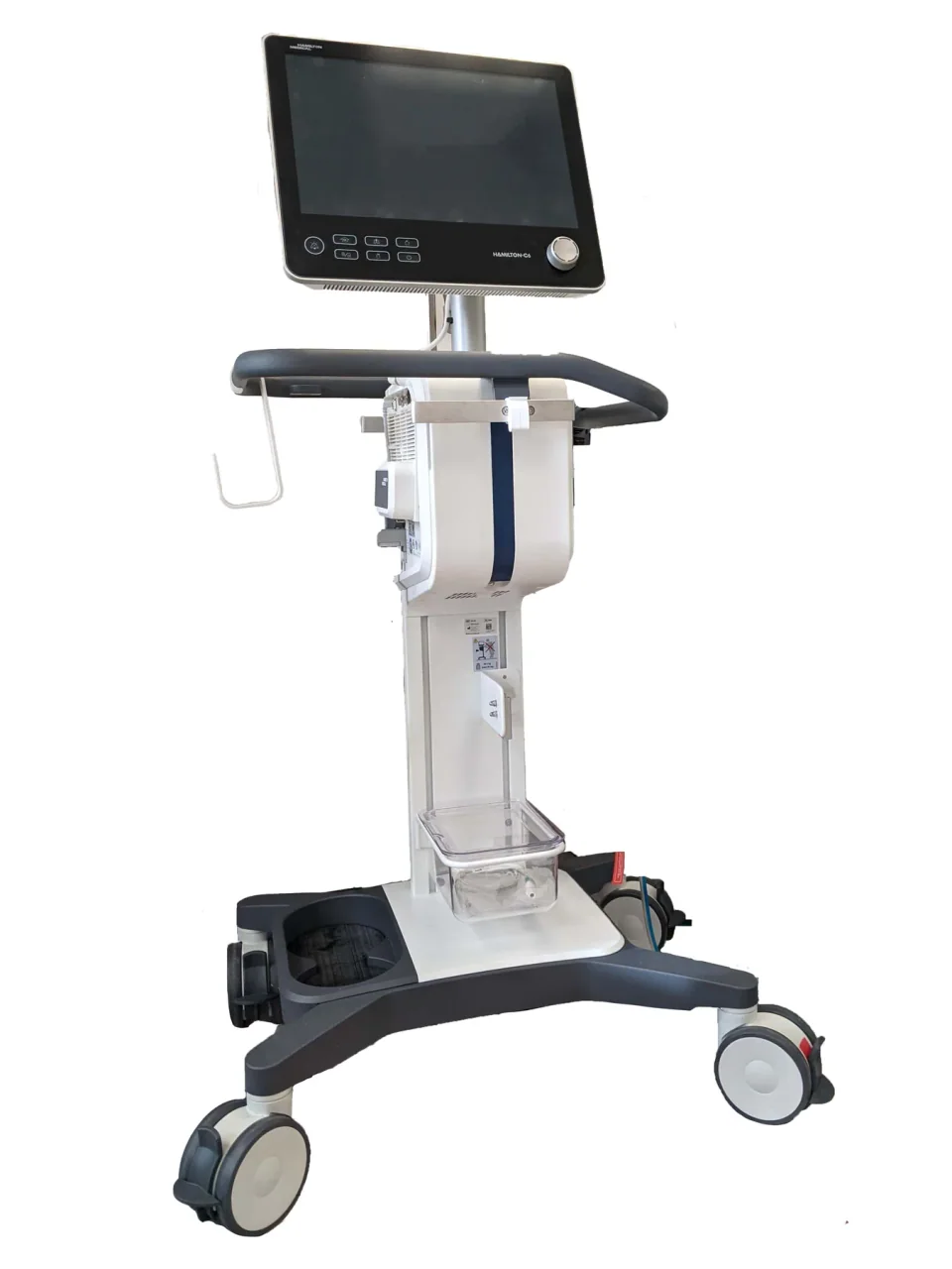 HAMILTON-C6 ventilator with a large screen and control unit on a wheeled cart.