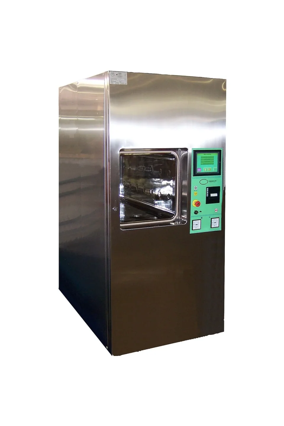 A steam autoclave with its chamber door and front controls visible.